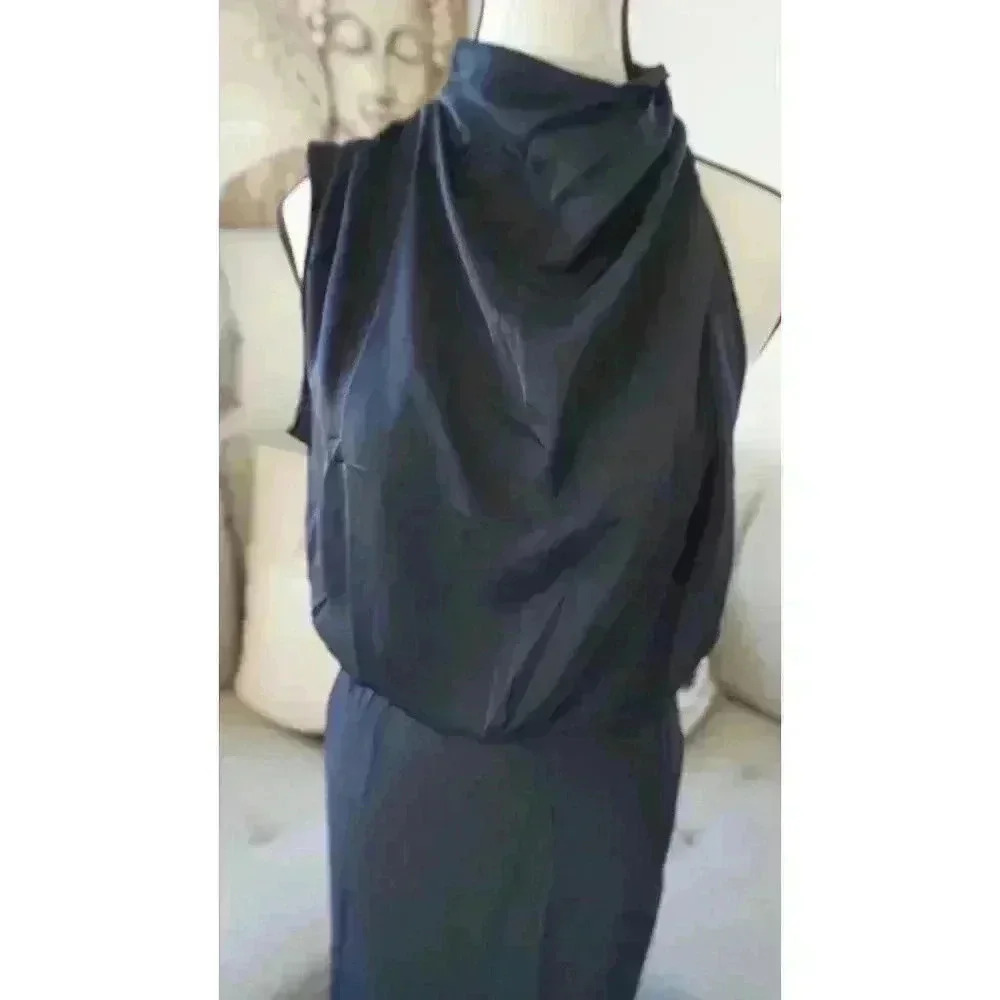 NWT PRETTYGARDEN Navy Satin Elegant Sleeveless Mock Neck Dress, Size M - Picture 5 of 16